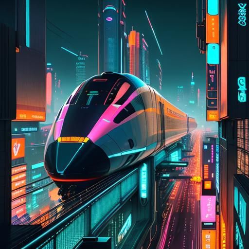 Concept art of a futuristic Japanese cityscape with a maglev train floating through, inspired by Syd Mead's futuristic v...