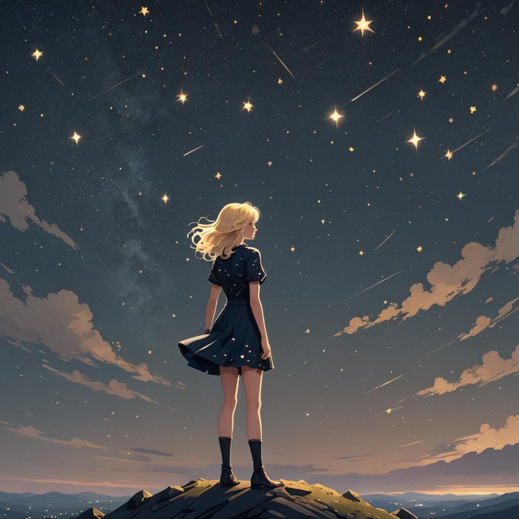 Blond Girl Under Starry Sky: Digital Art