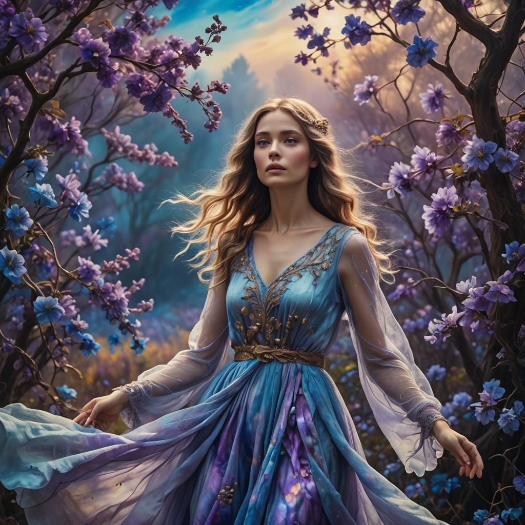 Ethereal Woman in Surreal Autumn Flower Garden