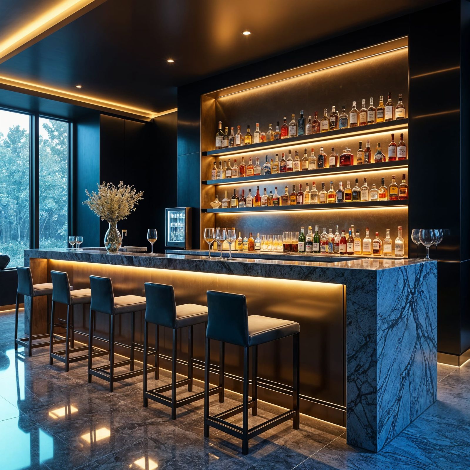 Modern Home Wet Bar in Blue, White, and Grey