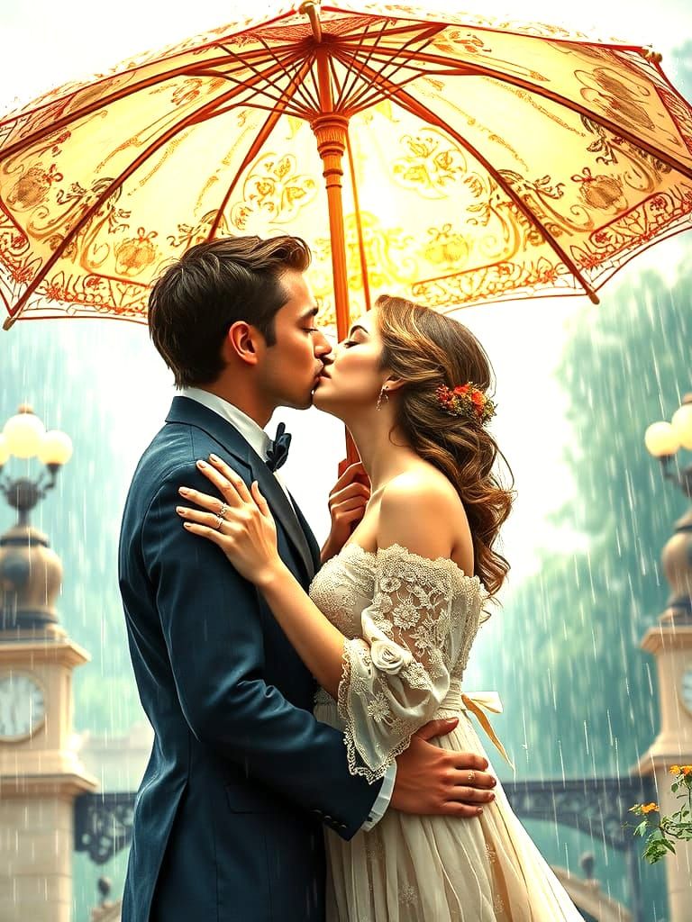 Romantic Couple Under Umbrella Kissing in the Rain