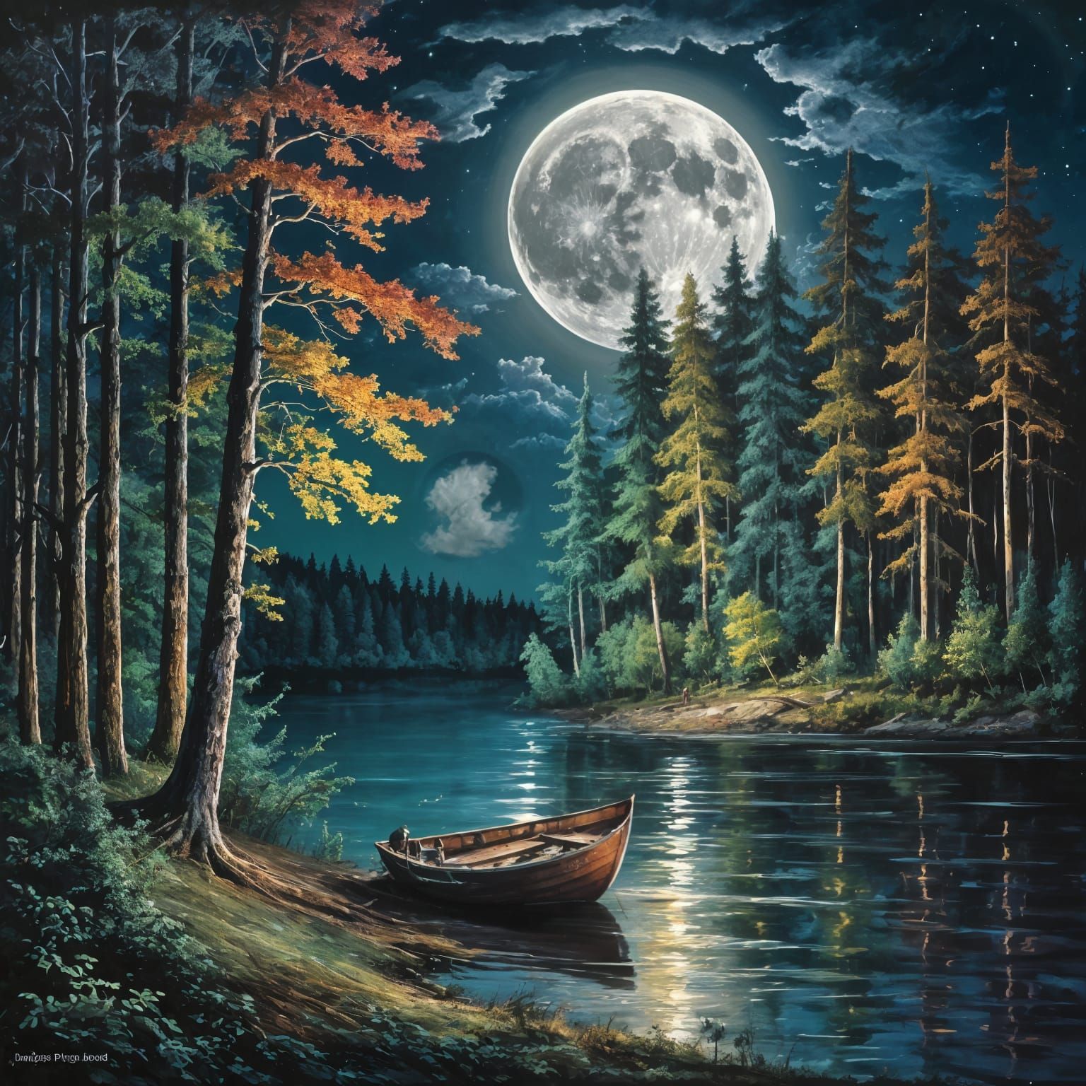 Moonlit Forest Scene with Silver Moon