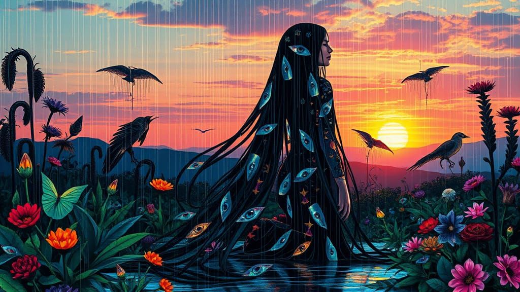 Surreal Glitch Art Landscape with Veiled Woman