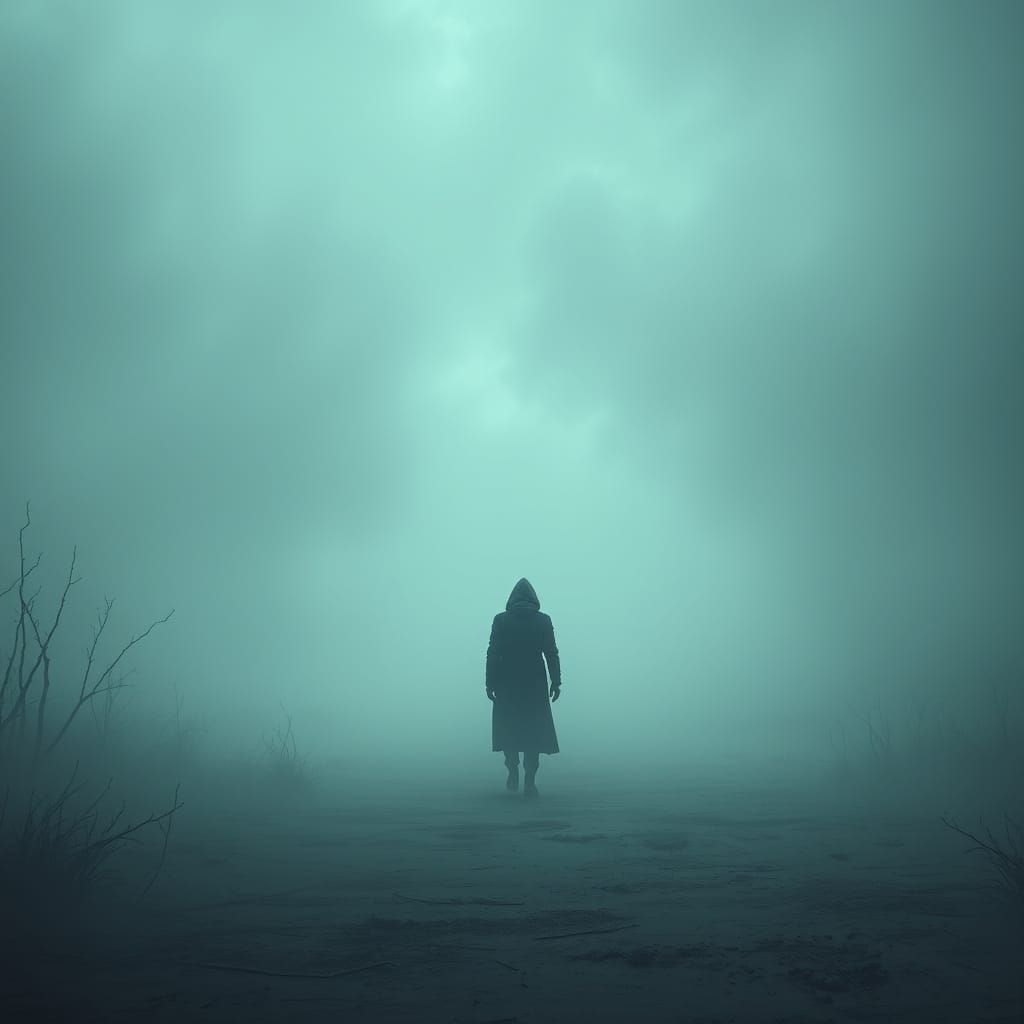 Eerie Figure in Desolate Landscape, Surreal Art