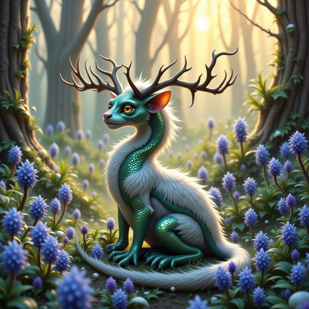 Dragon-Cat Hybrid in Winter Forest, Fantasy Art