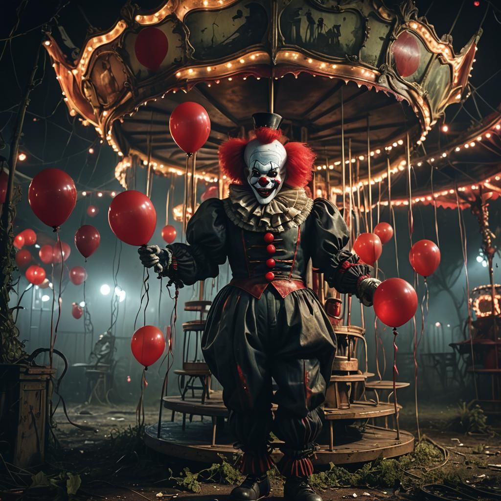 Haunted Carousel: Gothic Clown in Abandoned Carnival