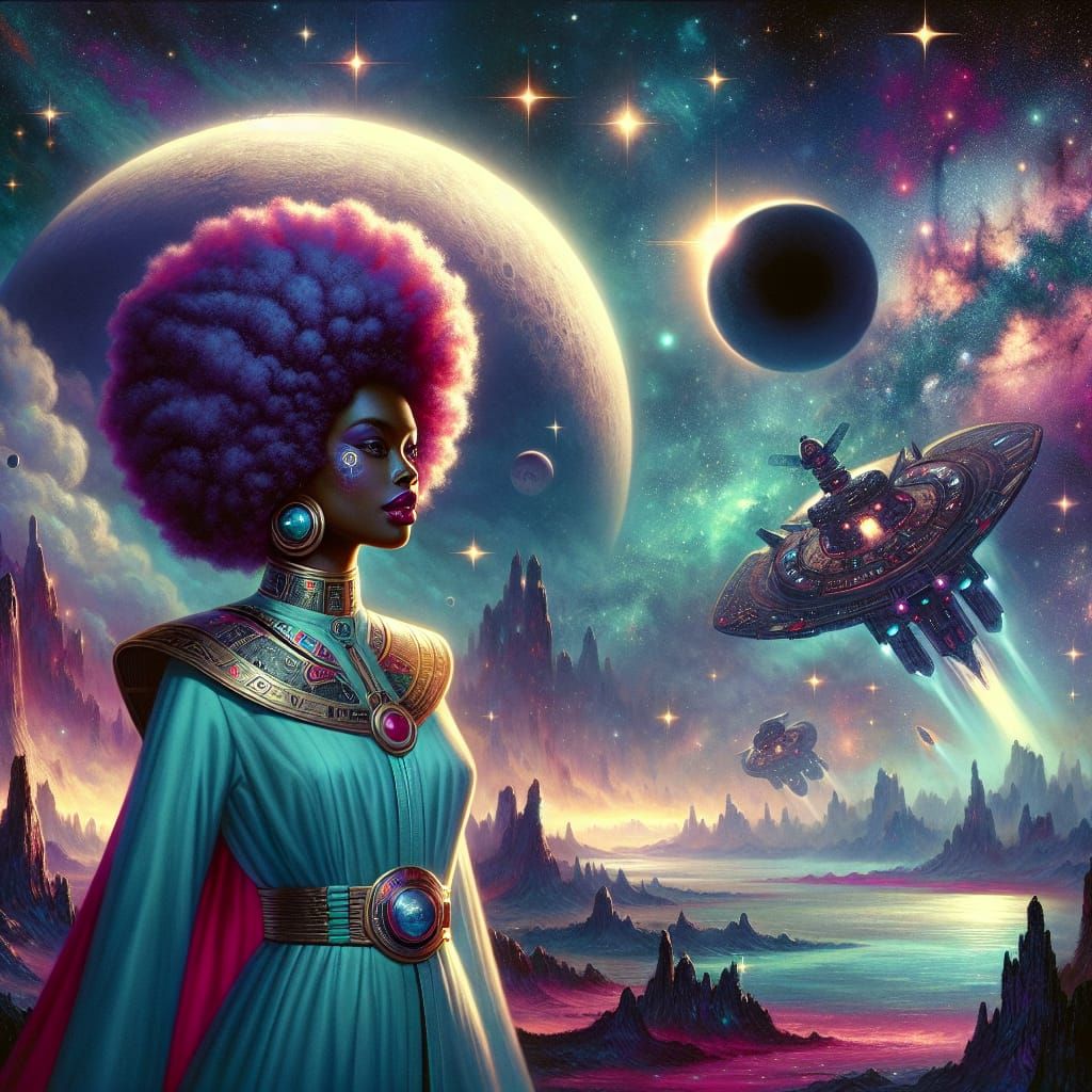 Vintage Fantasy: Fuchsia Queen in Cosmic Landscape