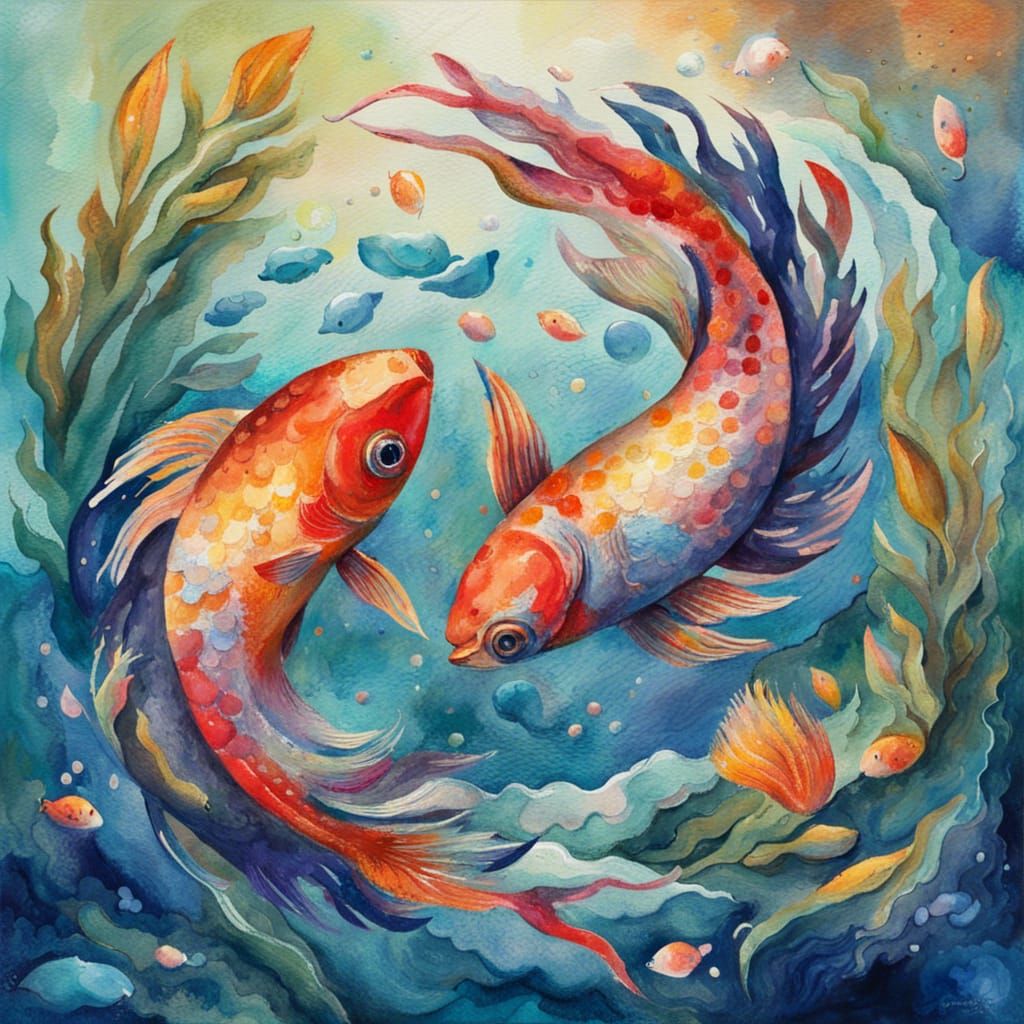 Pisces in Gouache Watercolor Impressionist Style