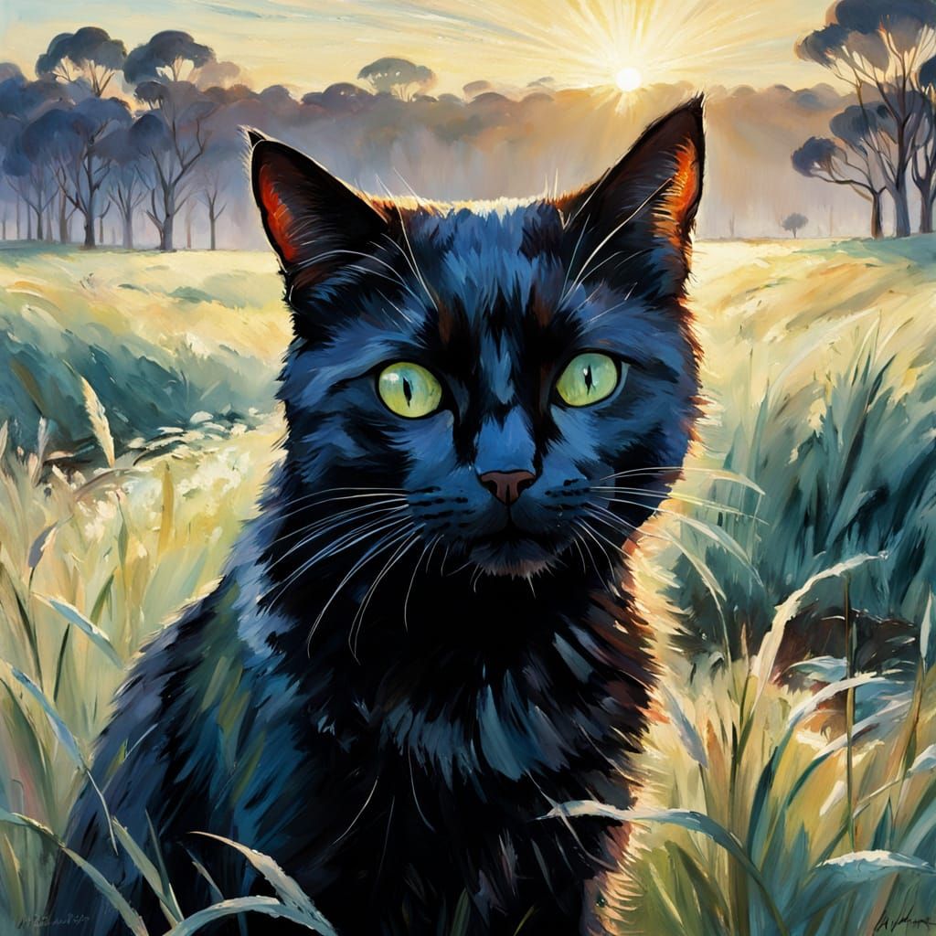 Stylized Black Cat in a Dreamy Field