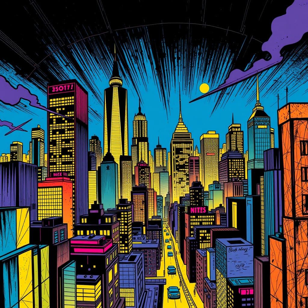 Comic Book-Inspired Metropolis Scene in Bold Lines and Vibra...
