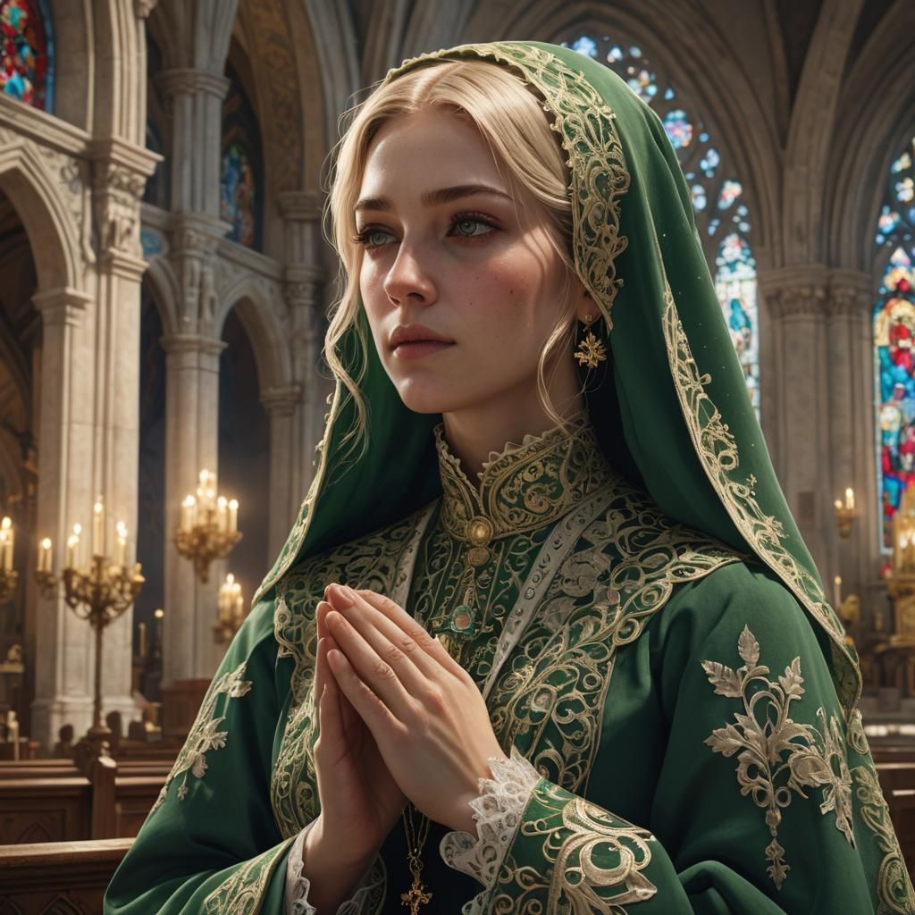 Woman Praying in Church: Detailed Matte Painting