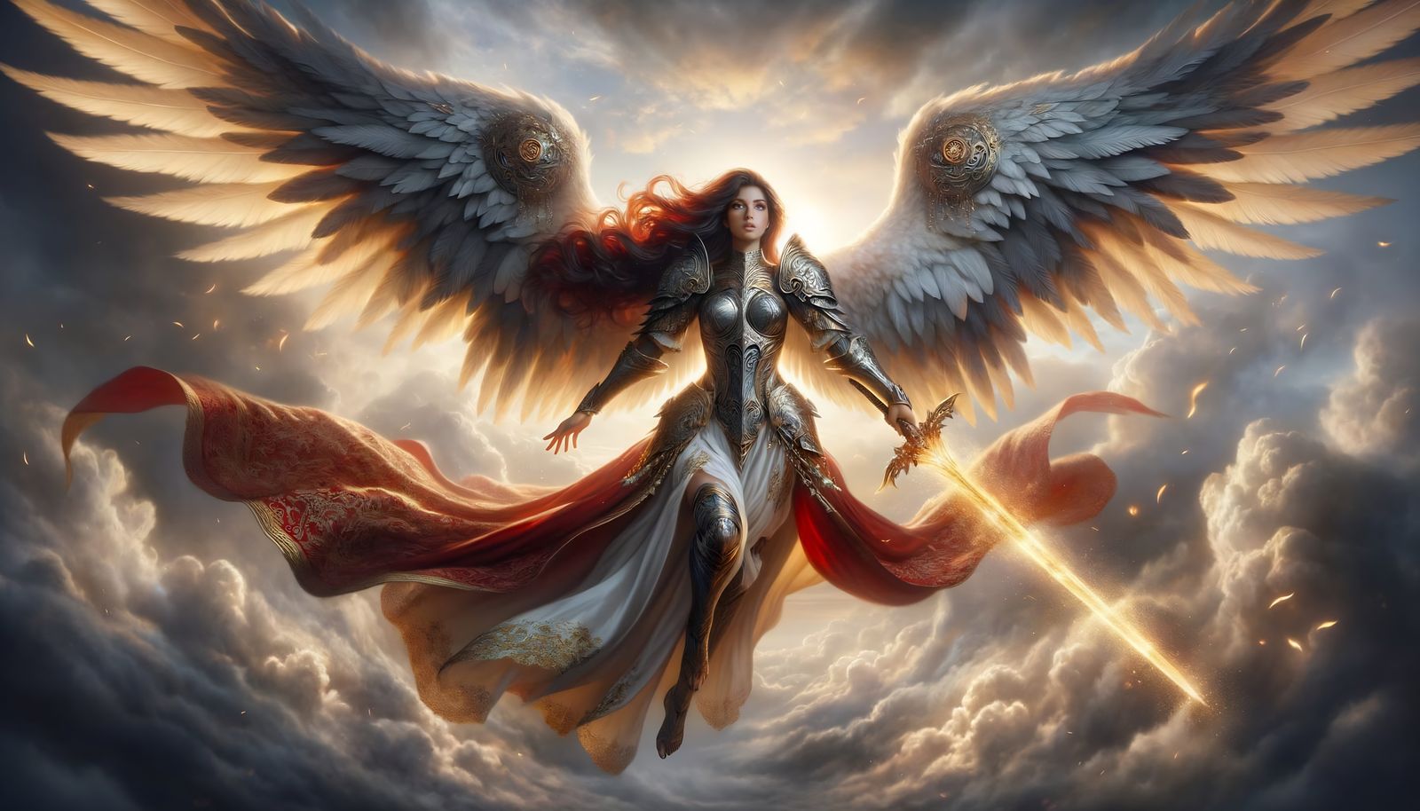Majestic Hispanic Angel soars above Cloudy Dawn Battlefield