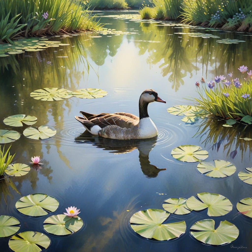 Goose on Sunlit Pond in Springtime, Impressionistic Style
