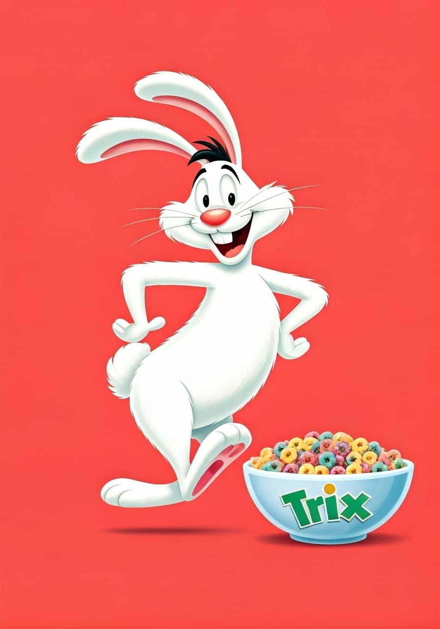 Whimsical Cartoon Rabbit Dances Near Colorful Cereal