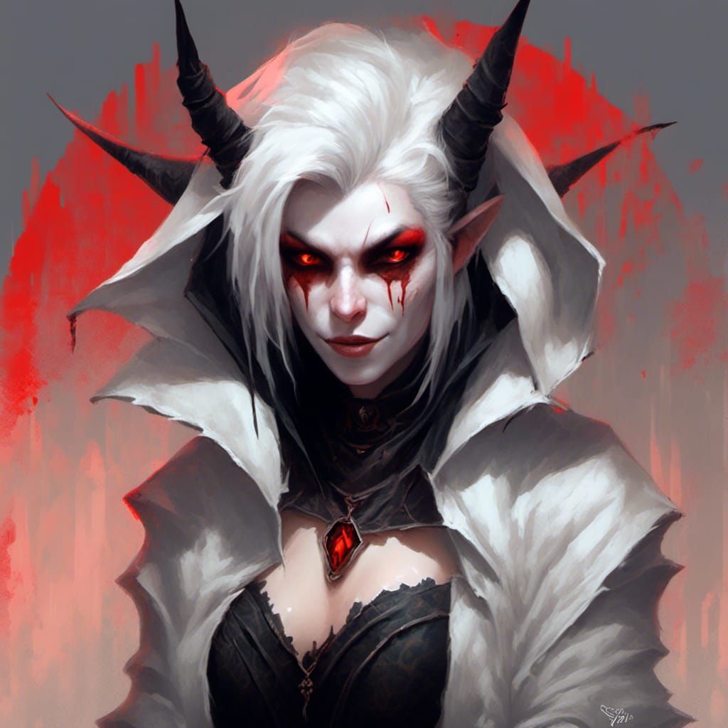Beautiful White Tiefling in Black Cloak