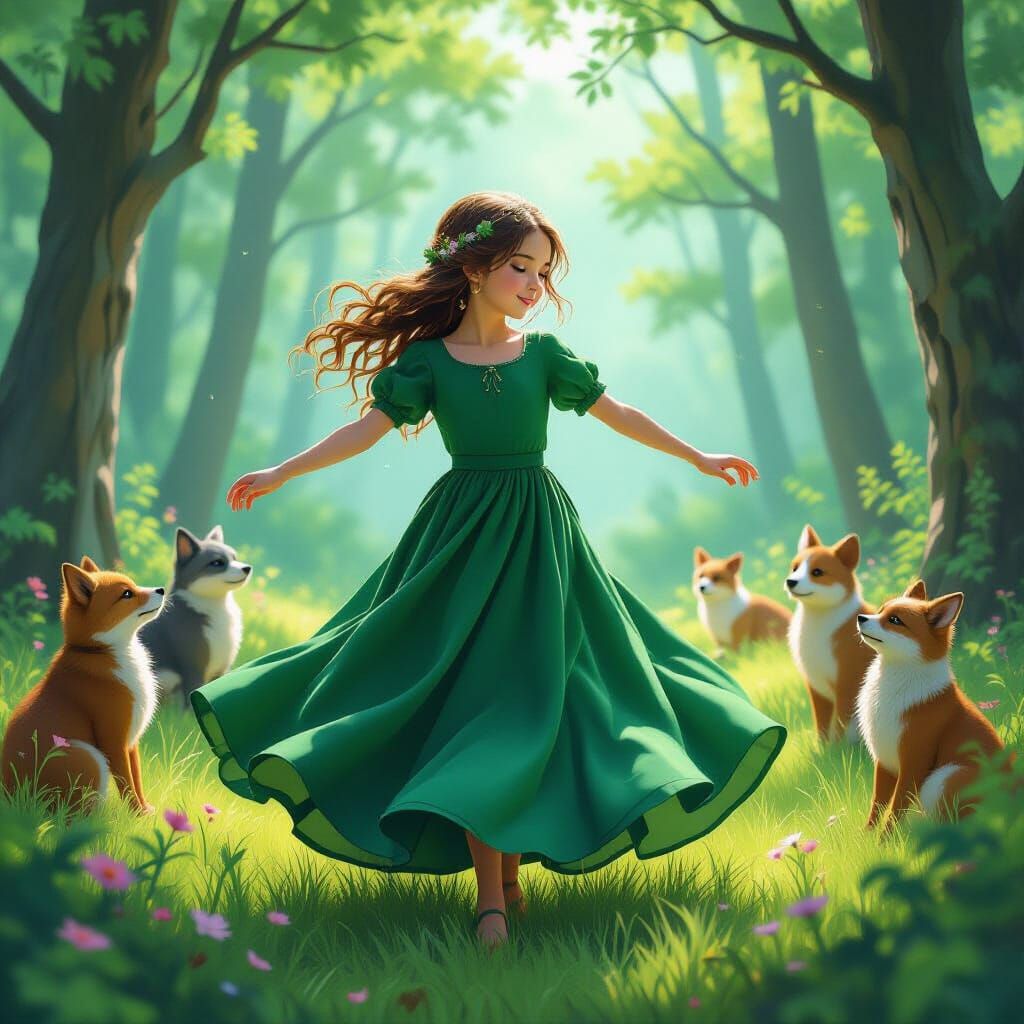 Girl Dancing in Forest with Animals in Realism Style