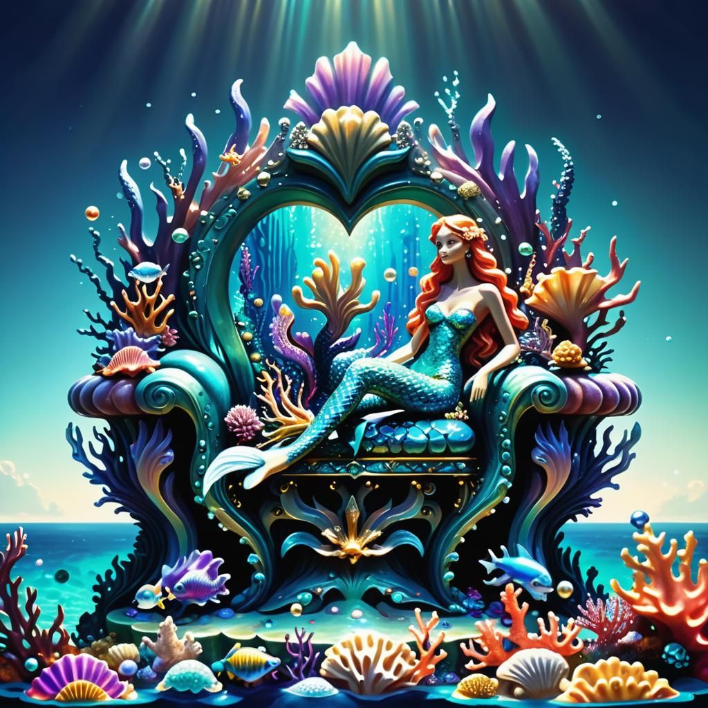 Mermaid on Coral Throne in Atlantis: Surrealist Splash Art