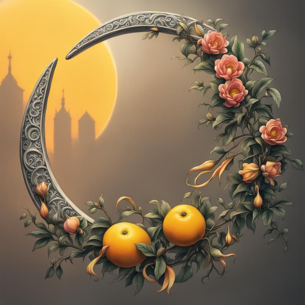 Tattoo of an elegant honeysuckle flower next to a sunny citrus crescent moon, natural, in the style of Banksy