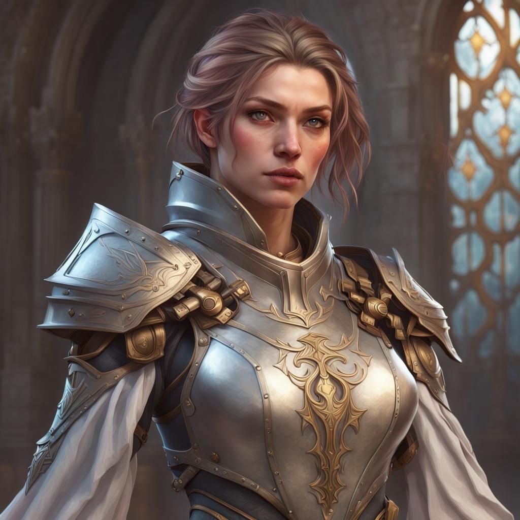 Armored Female Cleric Portrait in Hyperrealistic Style