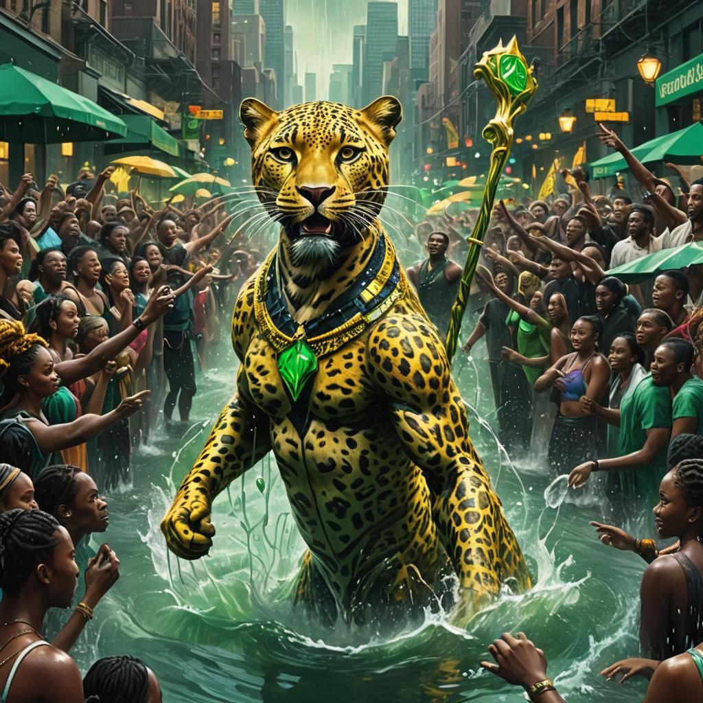 Leopard Rain Dancer in Fantastical Green Cityscape