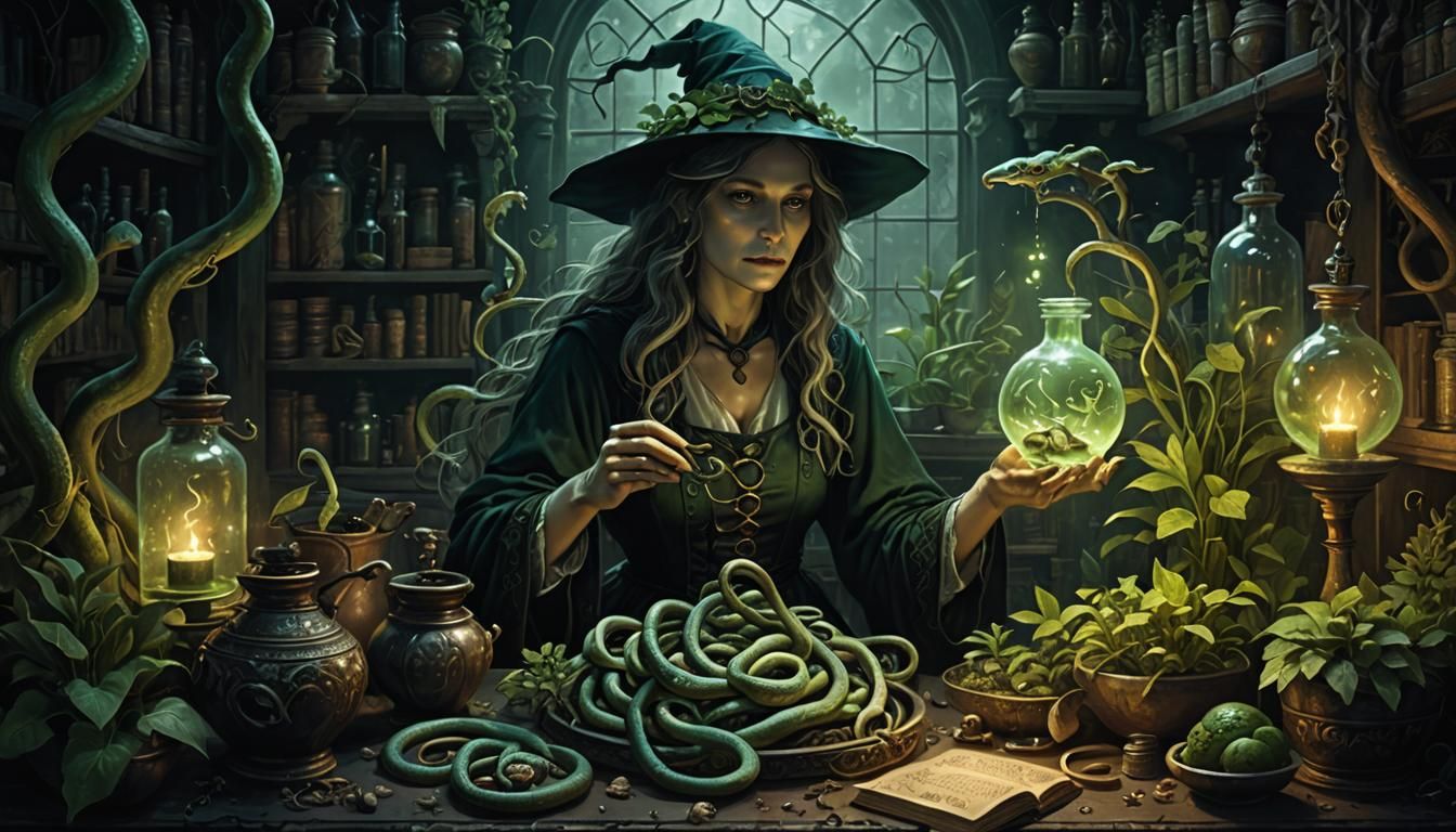 Dark Fantasy Witch in Apothecary, Gustave Doré Style