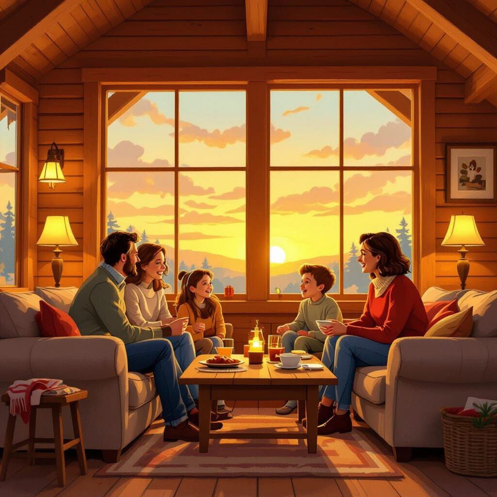 Cozy Family Gathering in Warm Wooden Cabin with Sunset View
