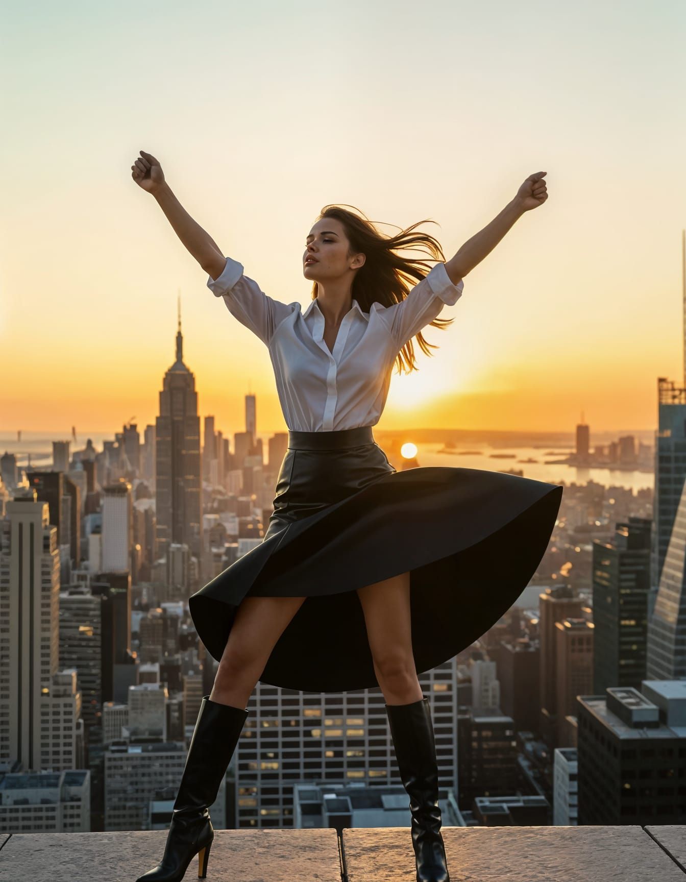 Triumphant Model on Rooftop at Golden Hour