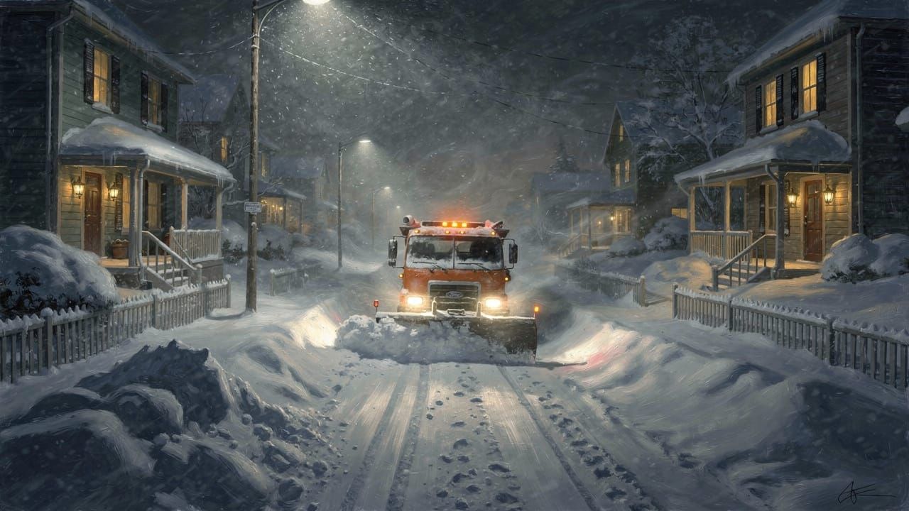 Winter Snow Plow Scene in Blizzard