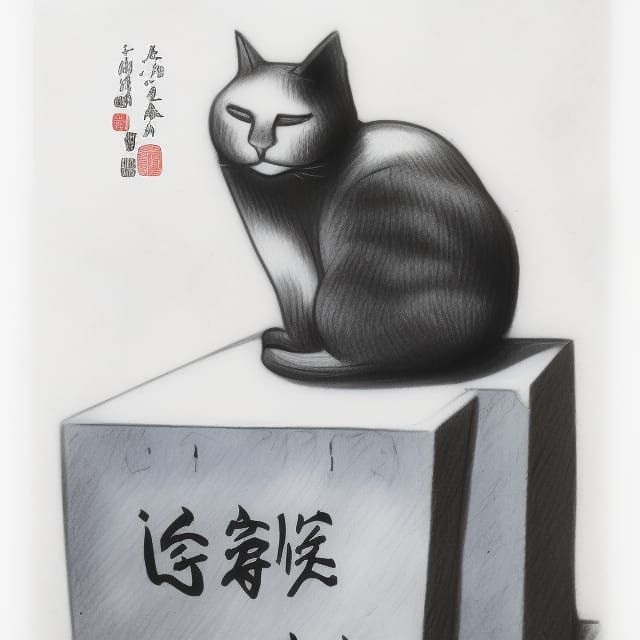 Cat on Tombstone in Chinese Charcoal Sketch