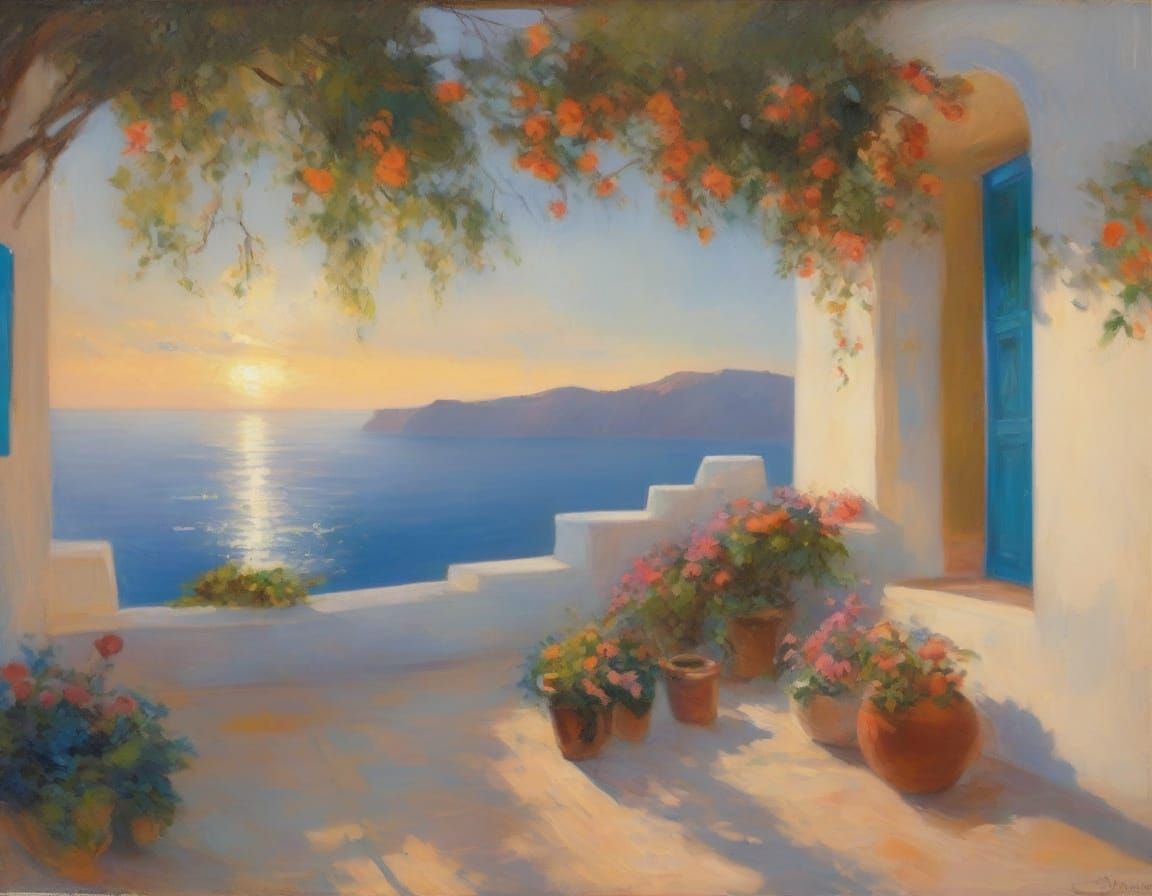 Santorini Caldera: Impressionistic Aegean Sea Painting