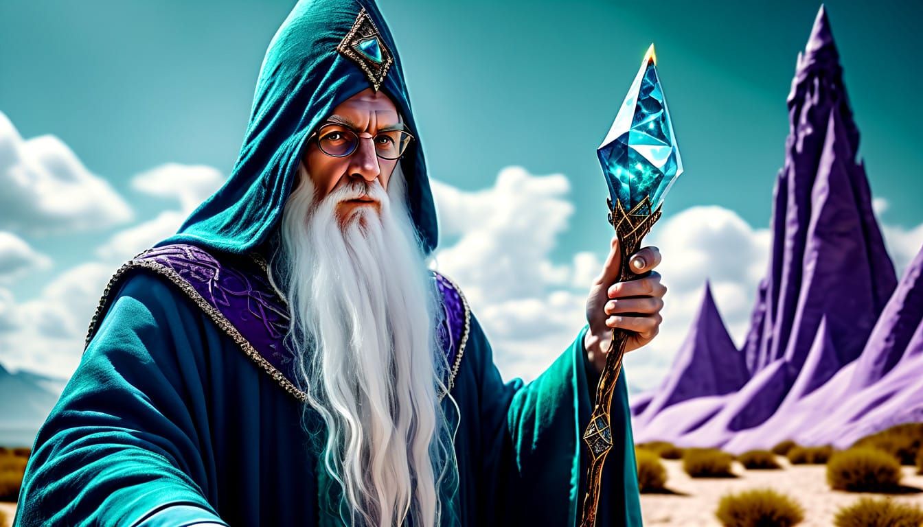 Ethereal Wizard in Vibrant Crystal Landscape