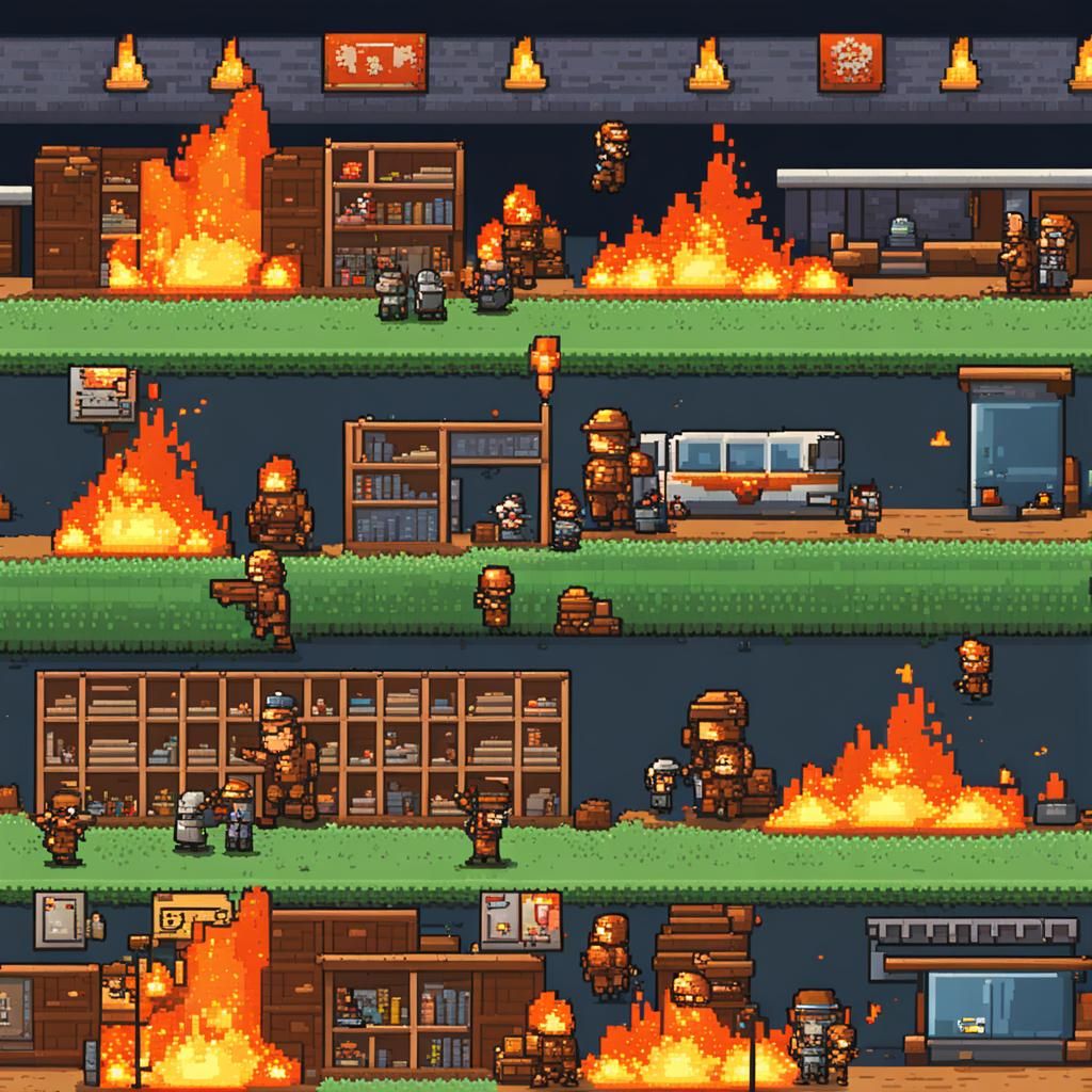 Pixel Art School Ablaze: A Scene of War