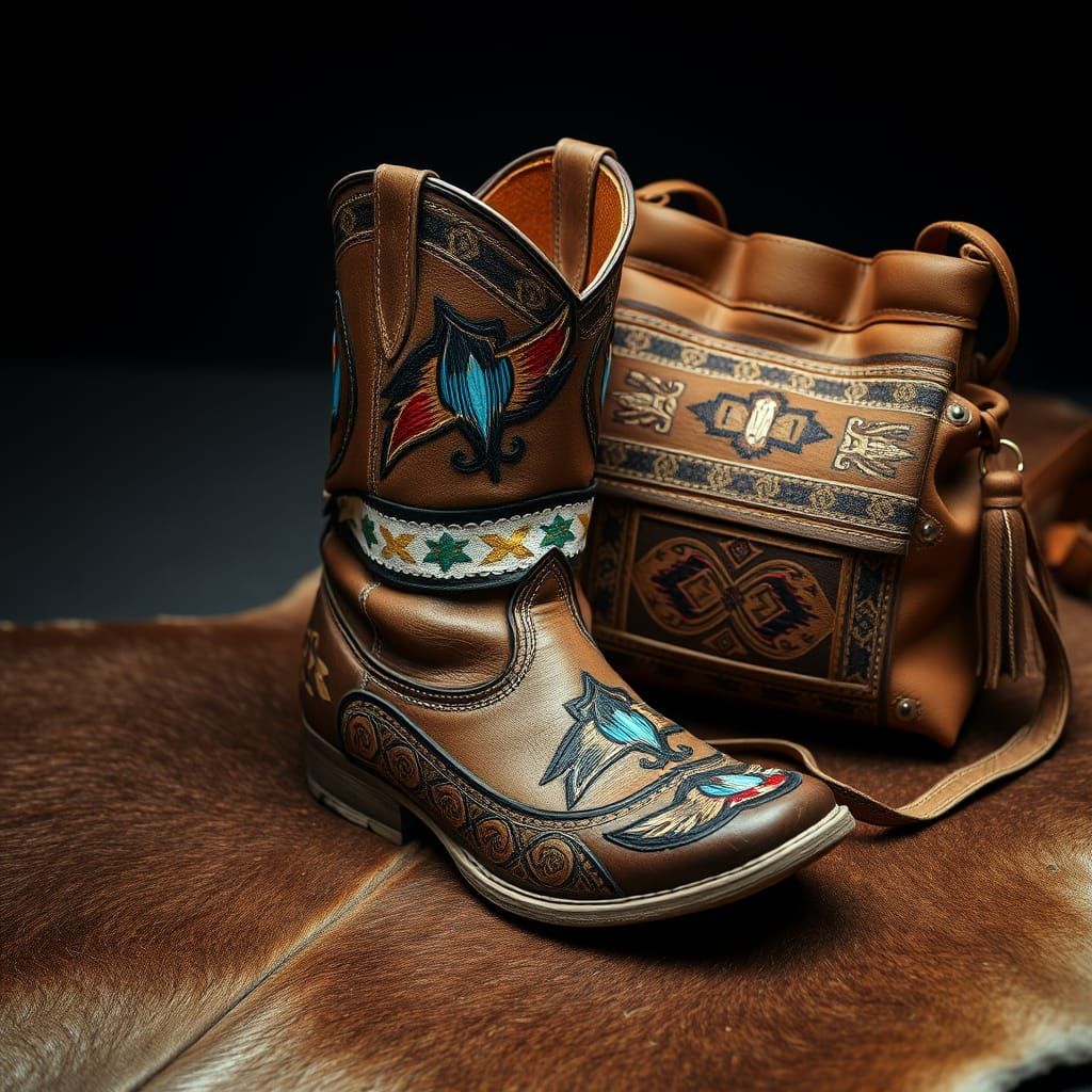 Native American Boots and Deerskin Bag in Traditional Tribal...