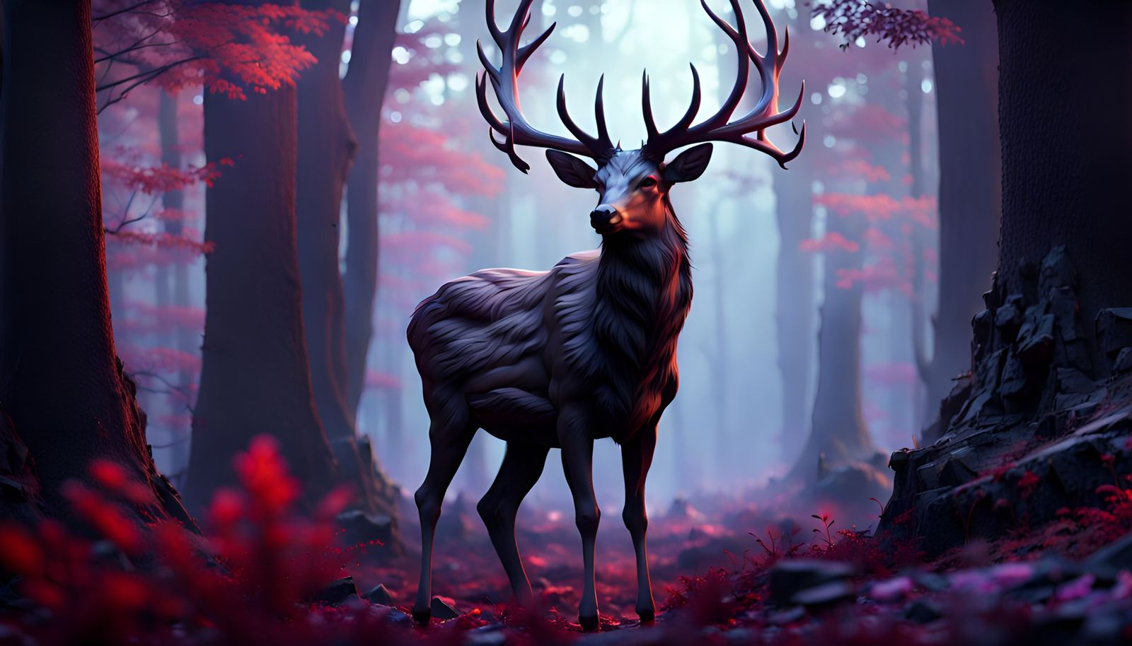 Majestic Black Deer in Dark Fantasy Forest