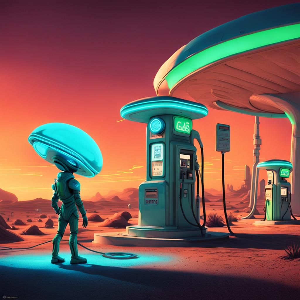 Alien Gas Station in Sci-Fi Desert Landscape