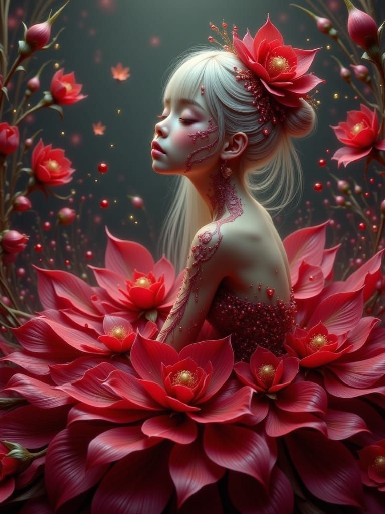 Red Rose Petal Fairy in Surreal Botanical Style