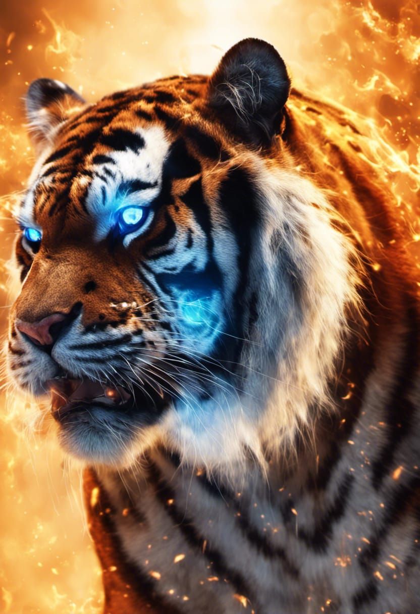 Obese Tiger with Blue Eyes in Fiery Fantasy Art
