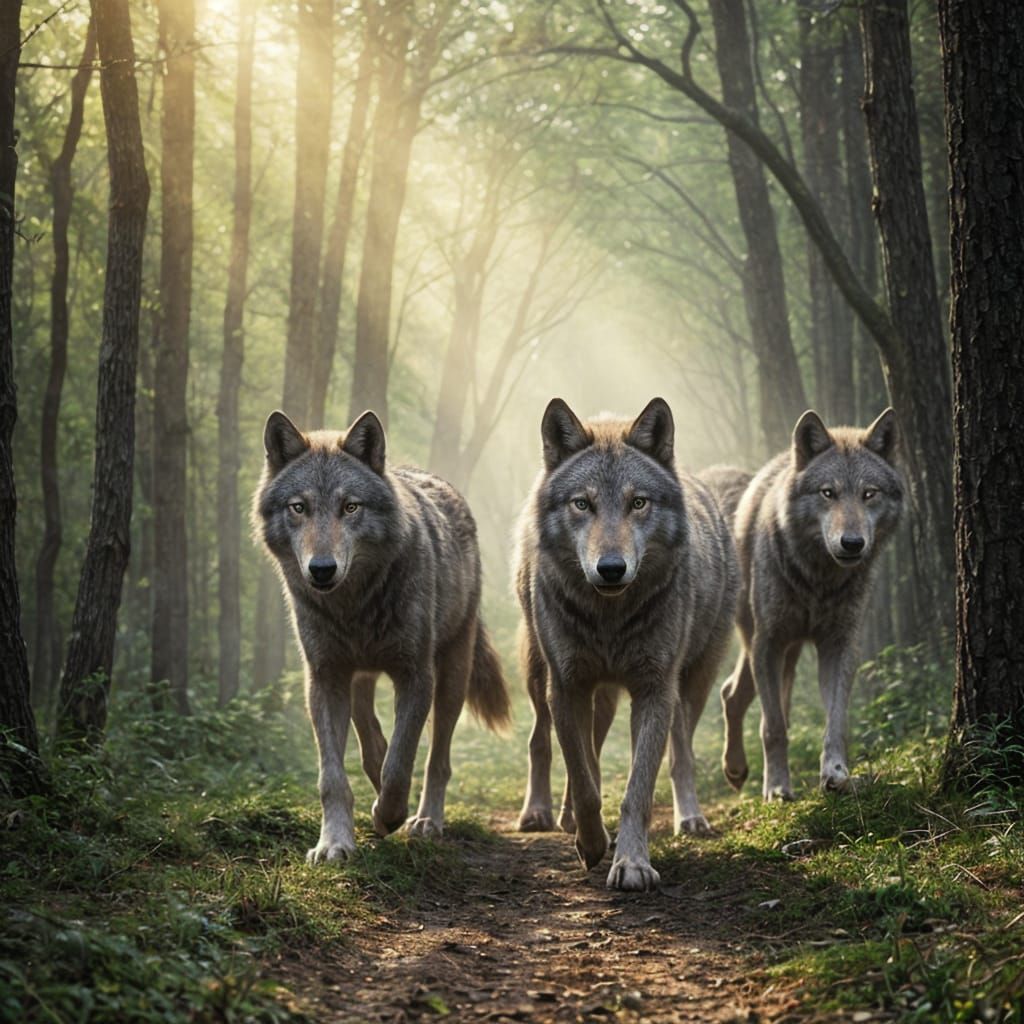 Wolf Family Roams Enchanted Forest in Mysterious Realism