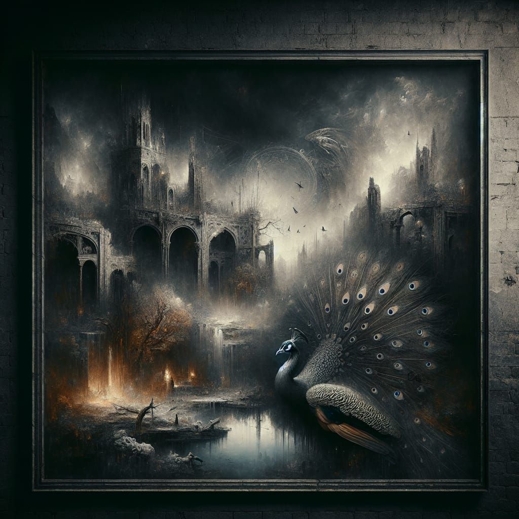 Surreal Peacock Confronts Darkness