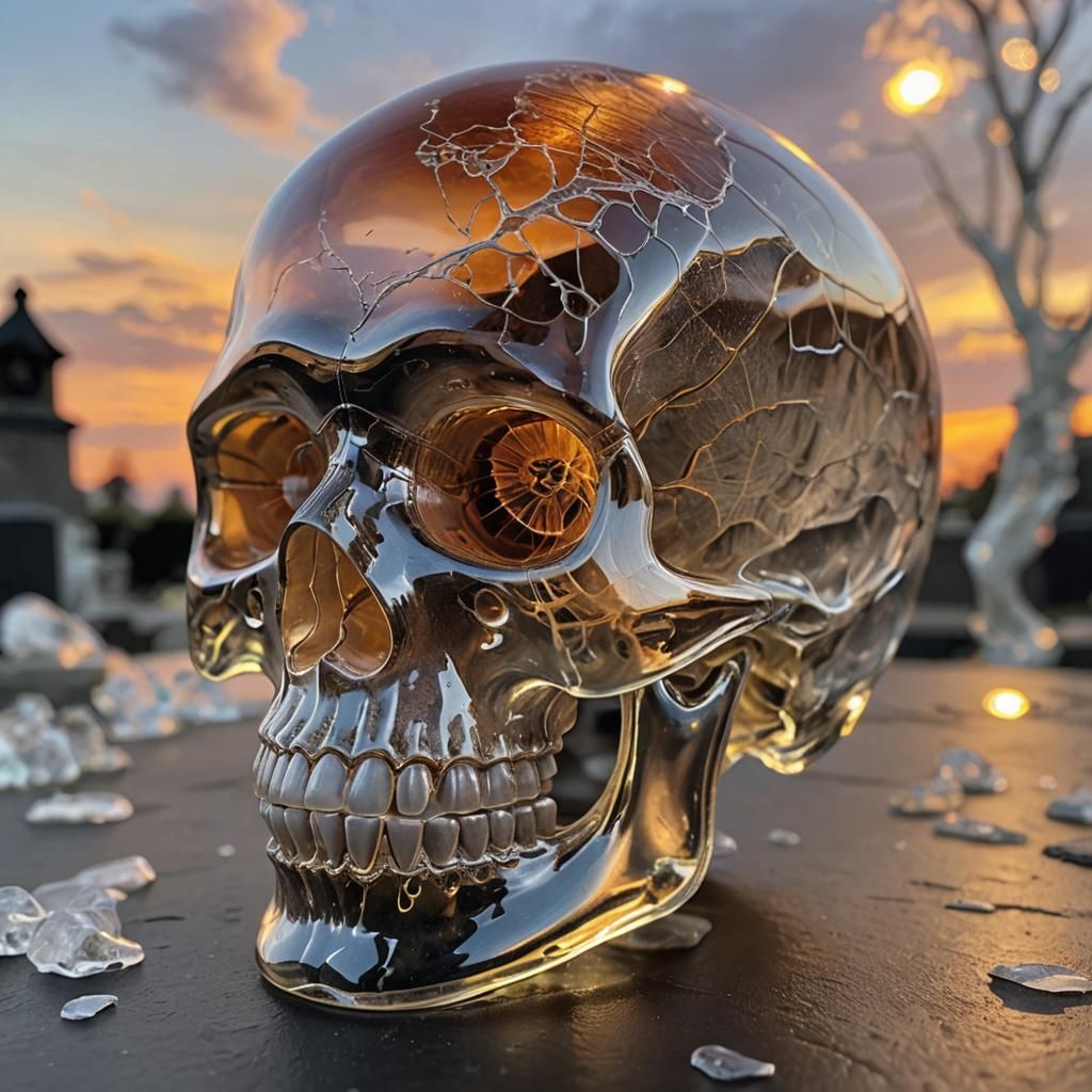 Hyperrealistic Glass Skull with Ghost, Neon Cracks