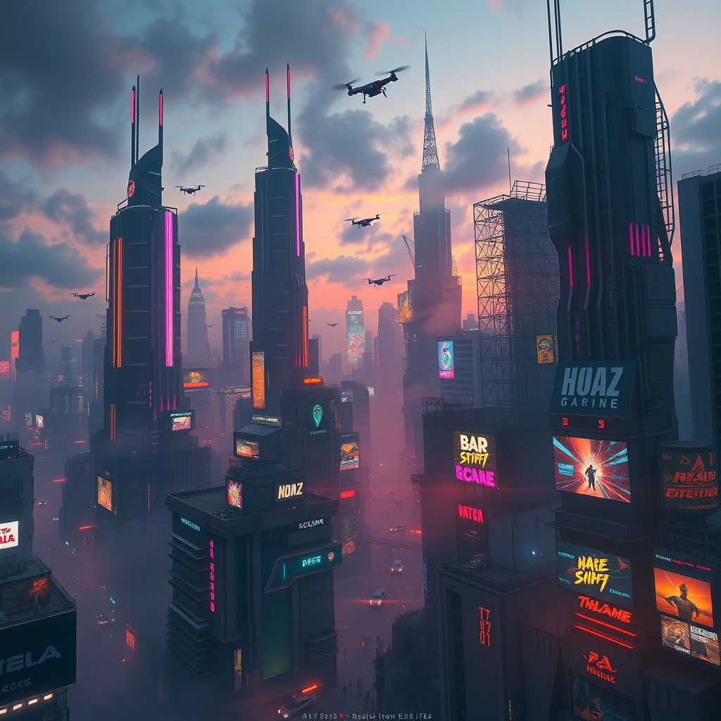 Dystopian Metropolis at Dusk in Cyberpunk Style