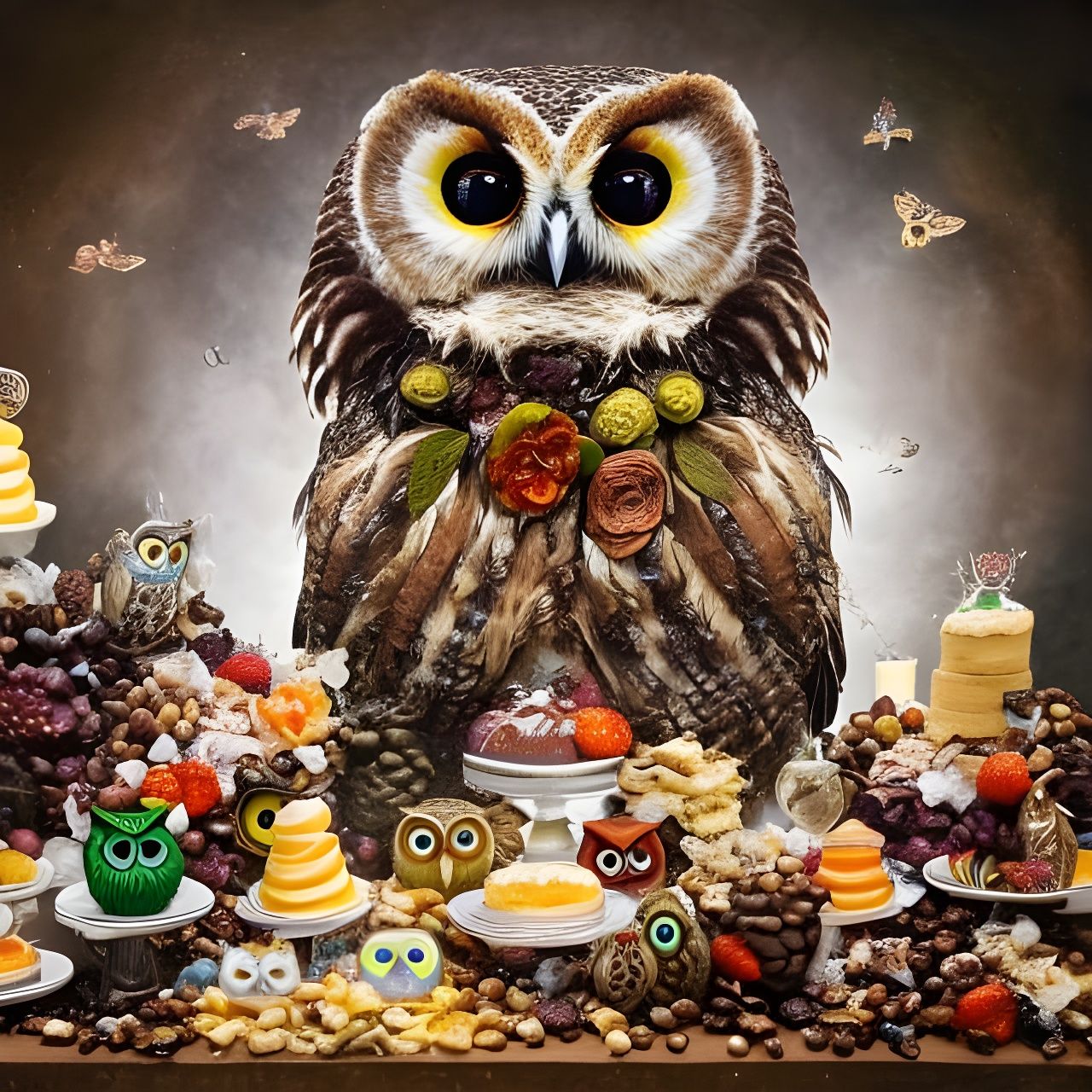 Dessert Owl in Arcimboldo Style: Photorealistic 8K