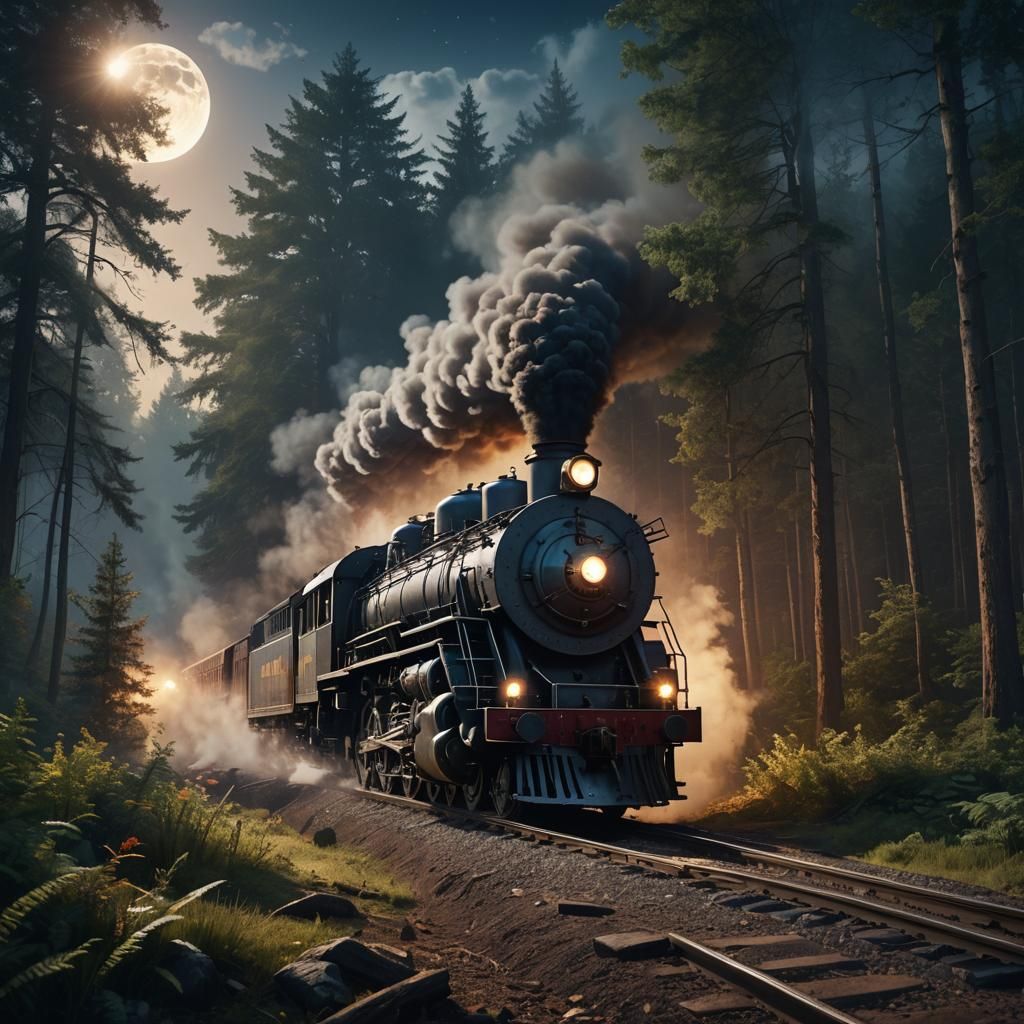 Locomotive Speeds Through Forest in Splash Art Style