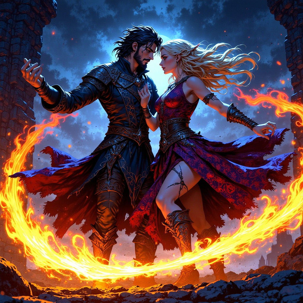 Tartan Couple's Fiery Dance: Concept Art