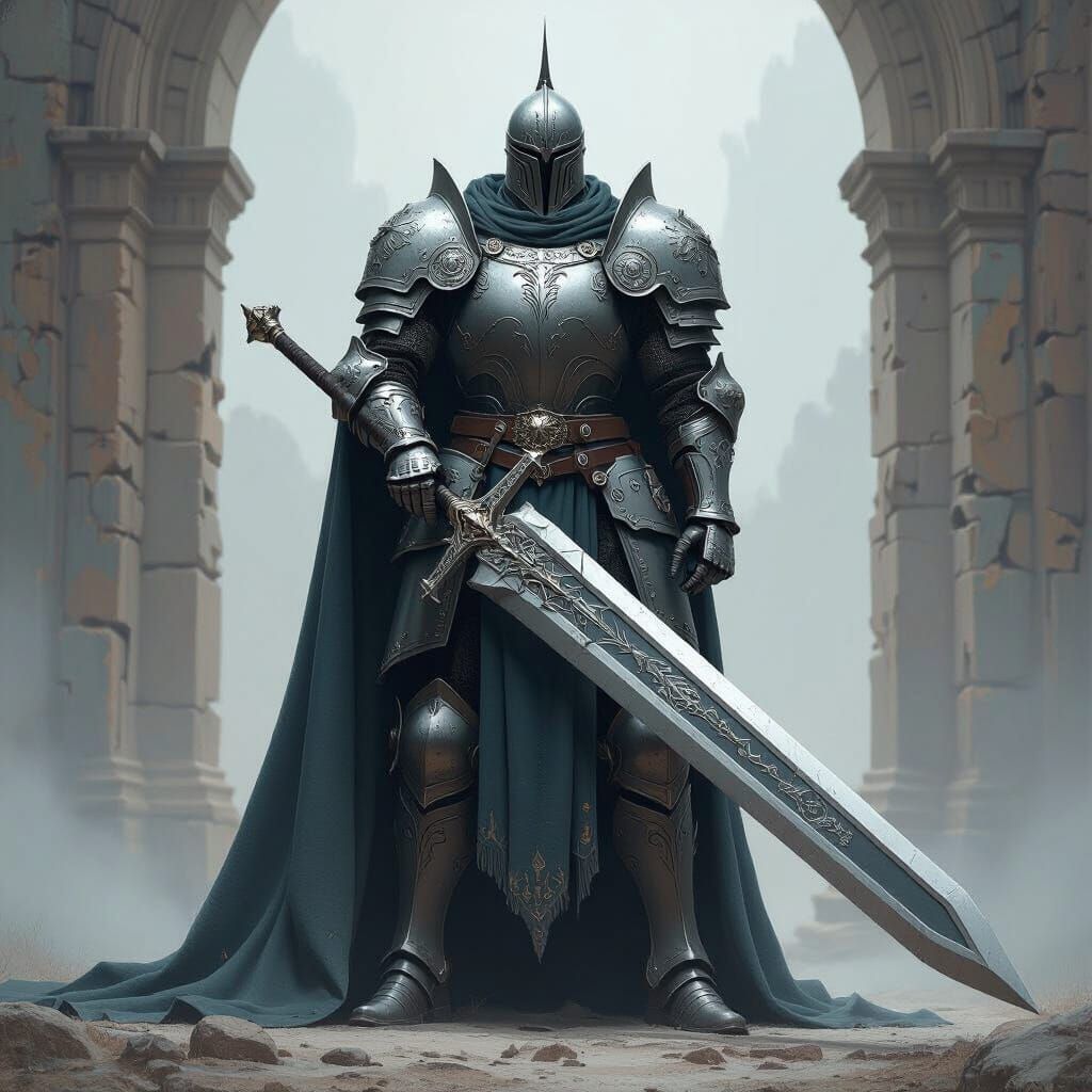 Towering Knight with Sword in Fantasy Landscape