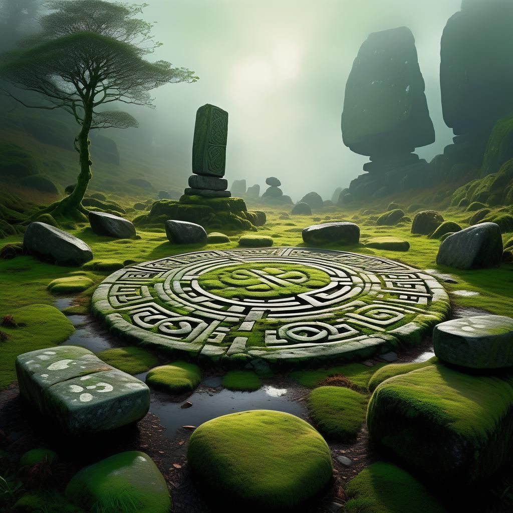 Mystical Stone Circle in Misty Celtic Landscape