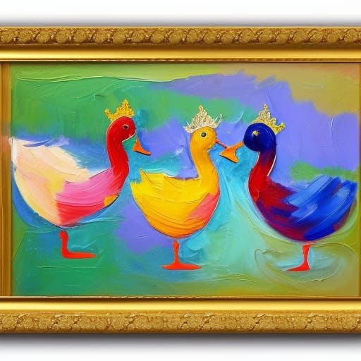 Royal Ducks in Crowns: Neo-Impressionist Oil Painting