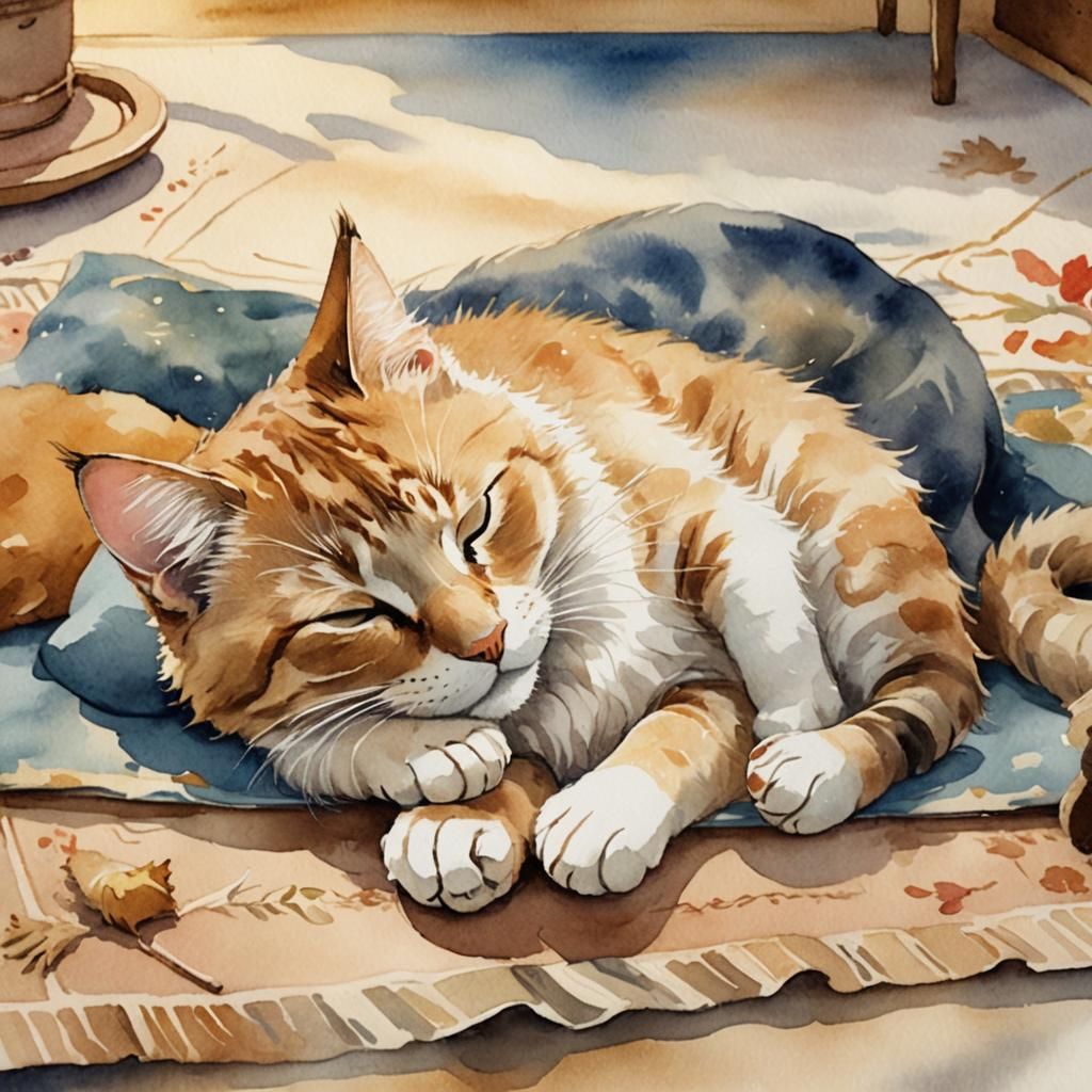 Dreaming Cat in Watercolor Style Illustration