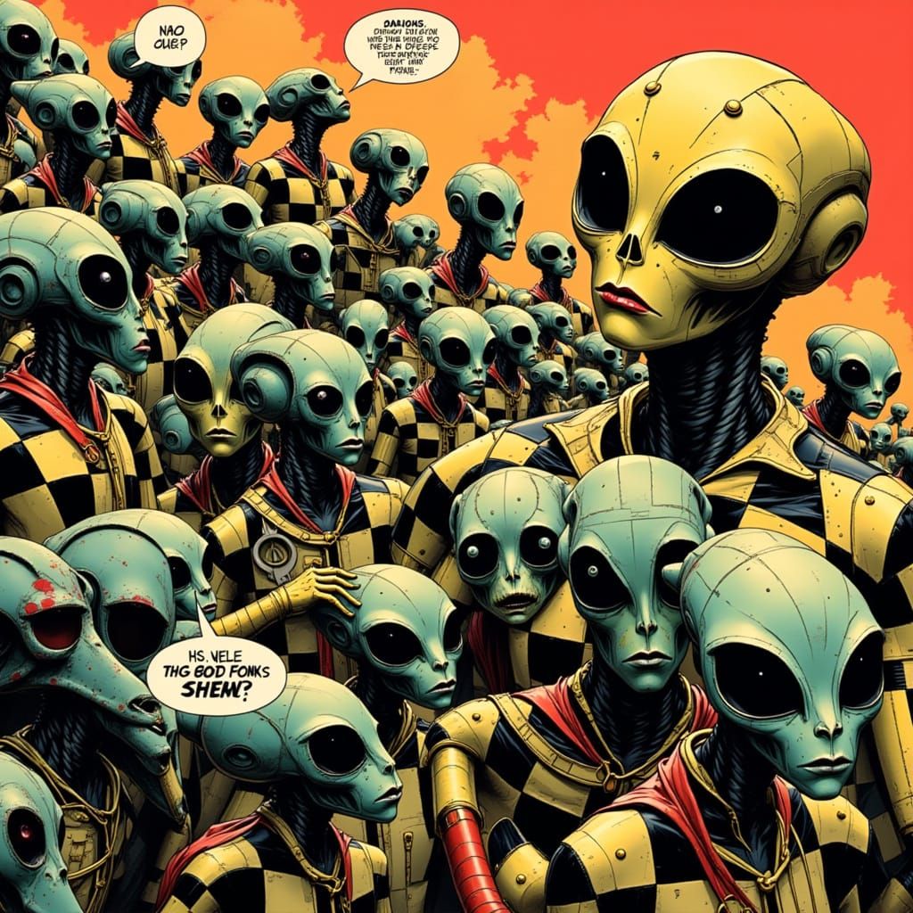 Checkered Aliens Disdain Red Dot Aliens Comic Style