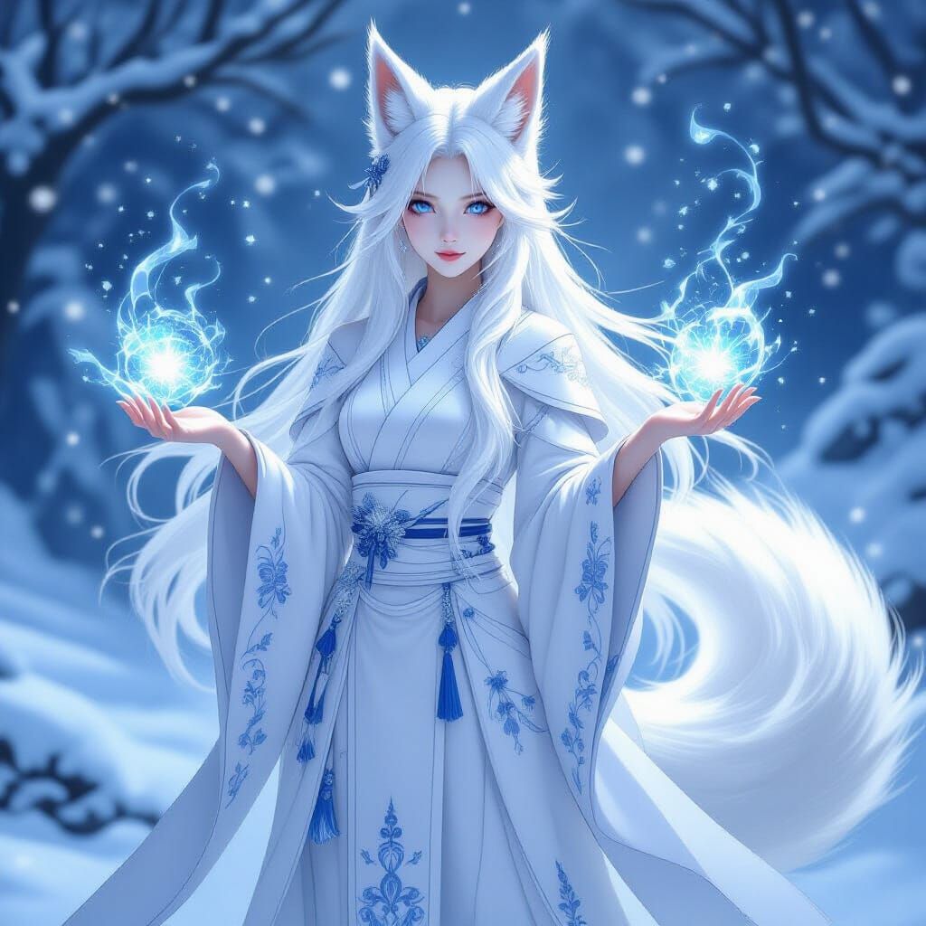 Ice Magic Kitsune Seer in Snowy Landscape
